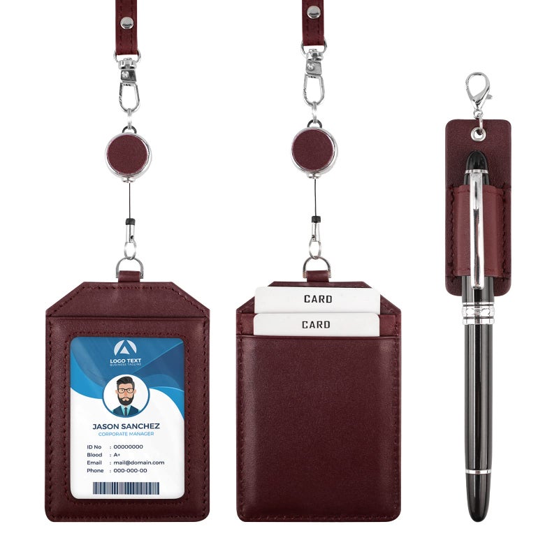 boshiho Office Badge Holder - Boshiho Genuine Leather Credit ID Card Holder with Stretch Neck Lanyard Vertical Style (Wine) - Image 2